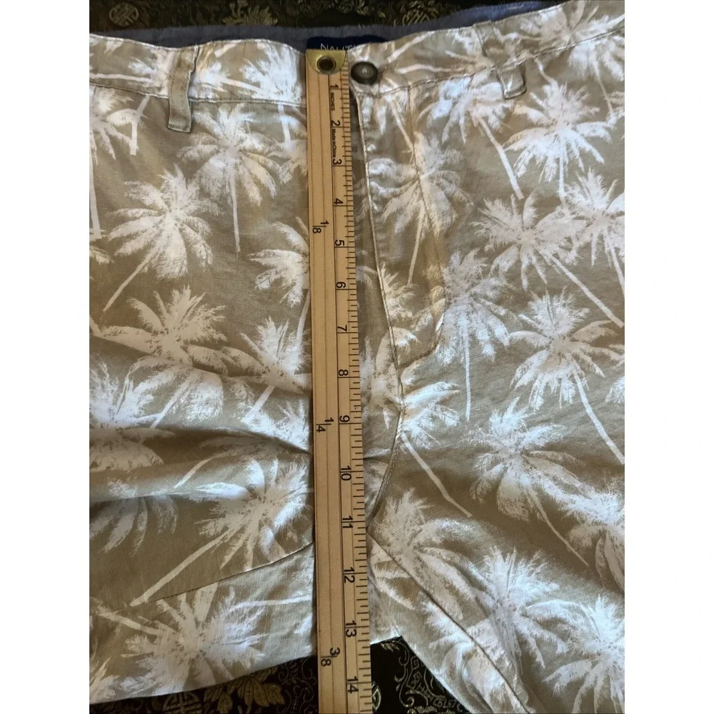 Nautica Men's Linen Cabana Shorts Palm Tree Print Flat Front Khaki White 36W